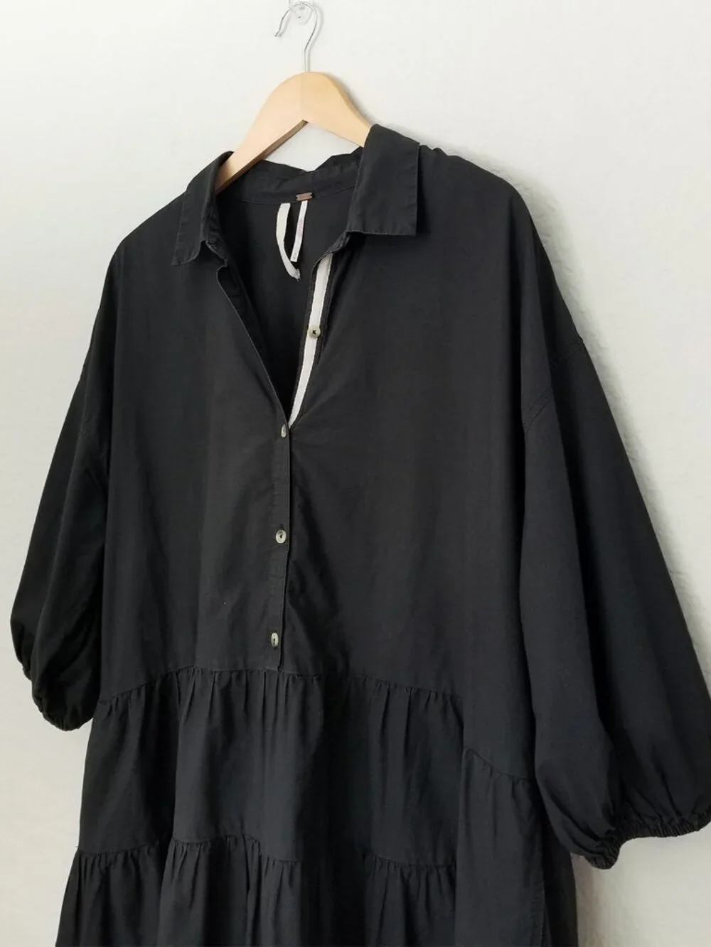 Free People Black Misha Mini Dress Size M Poplin 100% Cotton Tiered Babydoll